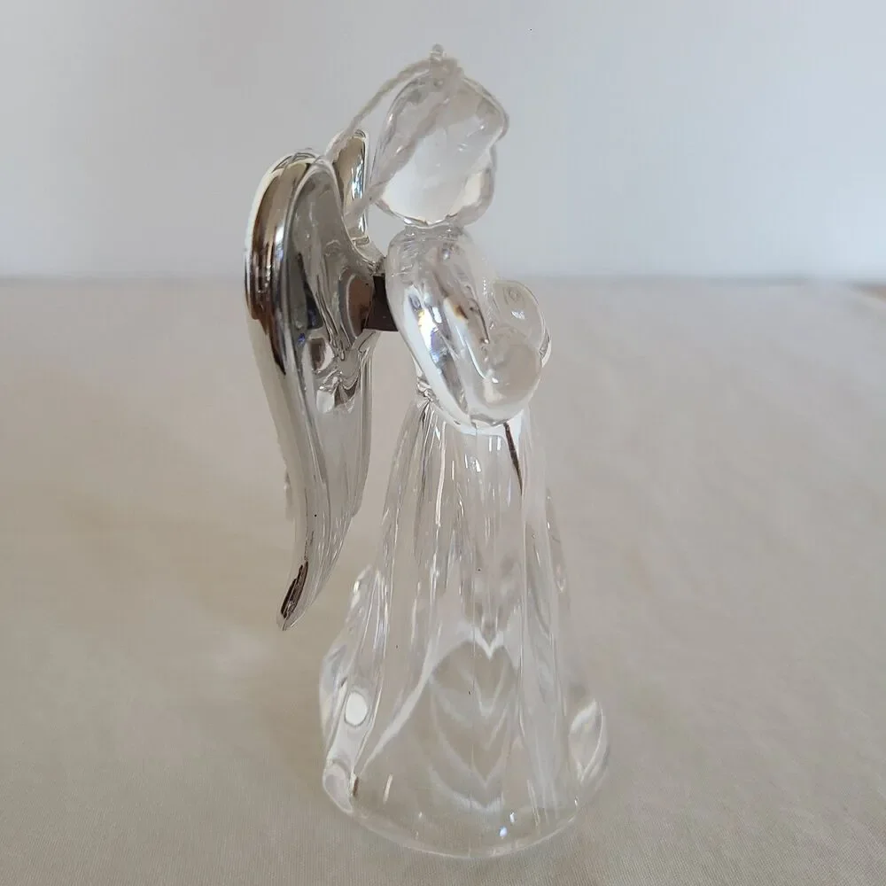 Vintage Clear Acrylic Praying Angel Ornament Silver Toned Wings Holiday Decor